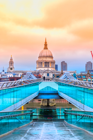St. Pauls cathedral and Millennium Bridge, London, UKのeditorial素材