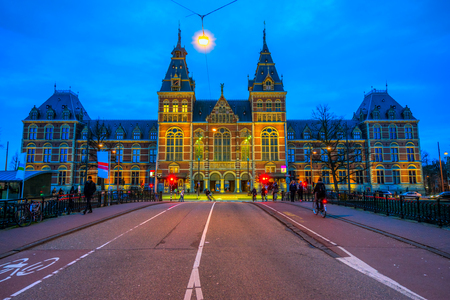 The Rijksmuseum in Amsterdam at night, Netherlands.のeditorial素材