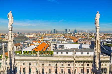 Skyline of Milan, view from the roof of Duomo of Milan, (Milan Cathedral), Italy.の写真素材