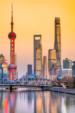 Shanghai city skyline, view of the skyscrapers of Pudong and Waibaidu bridge from huangpu River. China.のeditorial素材