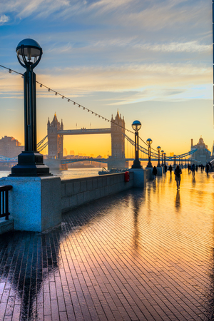 Tower Bridge and Thames River at sunrise, London, UKの写真素材