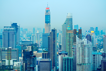 Aerial view of Bangkok skyline at sunset, Bangkok, Thailandia.の写真素材
