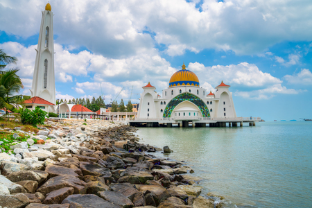 Malacca Straits Mosque, a mosque located on the man-made Malacca Island near Malacca Town, Malaysiaの写真素材
