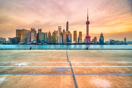 Shanghai city skyline, view of the skyscrapers of Pudong and huangpu River. China.のeditorial素材