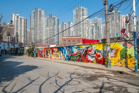 SHANGHAI, CHINA - FEBRUARY 19, 2018: Mural paintings in Moganshan Road, known as M50, is a contemporary art district with many galleries located in an old industrial area in Shanghai, China.のeditorial素材
