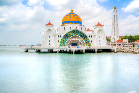 Malacca Straits Mosque, a mosque located on the man-made Malacca Island near Malacca Town, Malaysiaの写真素材