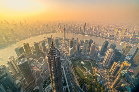 Shanghai city skyline, aerial view of the skyscrapers of Pudong and huangpu River. Shanghai, China.