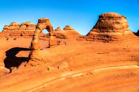 The Delicate Arch, famous orange rock formation in Arches National Park, Utah, USA.