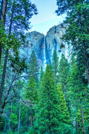 View of a waterfall fading into the forest, Yosemite National Park, California, United States.の写真素材