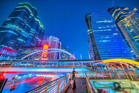 Bangkopk skyline, night traffic, wiith light trail.のeditorial素材