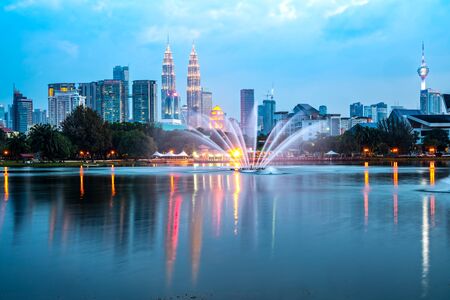 Kuala Lumpur, Malaysia. City skyline with The Twin Towers from Titiwangsa lake.のeditorial素材