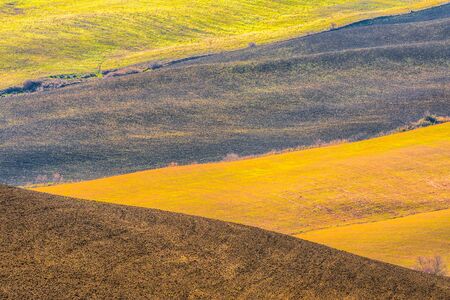 Tuscany, Crete Senesi rural sunset landscape. Countryside farm, cypresses trees, green field, sun light hitting the hill. Siena, Italy.の写真素材