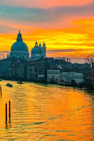 Sunset on Grand Canal and Basilica of Santa Maria della Salute, Venice, Italyの写真素材