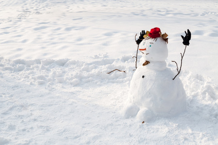 Smiling snowman with a mustache, woolen hat, gloves and carrot nose, outdoors in snowfallの写真素材