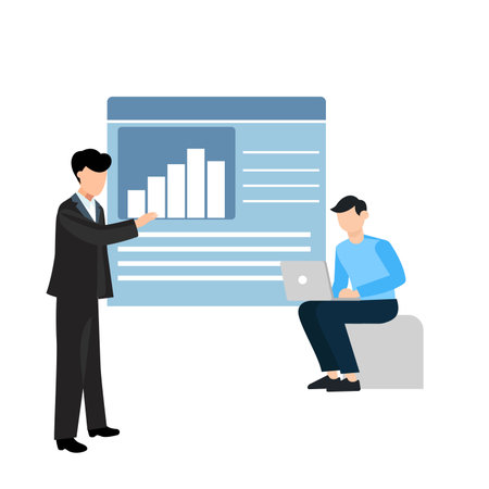 Businessman with laptop and chart icon. Vector illustration in flat styleのイラスト素材