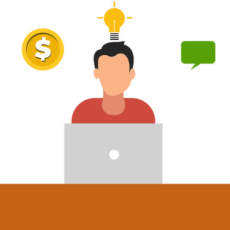 Man with a laptop and a light bulb. Flat design. Vector illustrationのイラスト素材