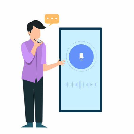 Man with microphone and voice assistant. Vector illustration in flat style.のイラスト素材
