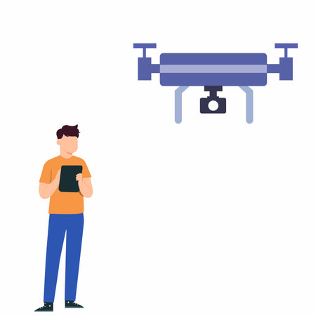Drone with remote control and man on white background. Vector illustration.のイラスト素材