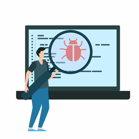 security system concept, man looking at bug on laptop screen vector illustration graphic designのイラスト素材
