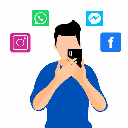Man using mobile phone with social media icons. Flat style vector illustration.のイラスト素材