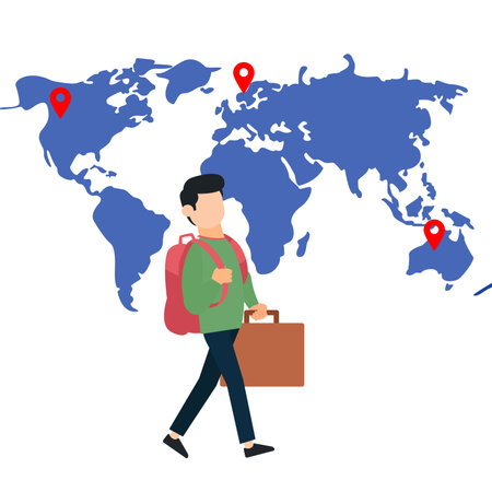 Man with a suitcase on the background of the world map. Vector illustration.のイラスト素材