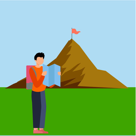 Man standing on top of mountain and holding a map. Vector illustration.のイラスト素材