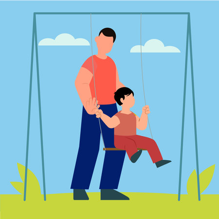 Father and son swinging on a swing. Vector illustration in flat styleのイラスト素材