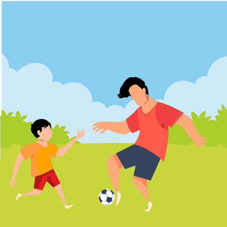 Father and son playing soccer in the park. Vector illustration in flat styleのイラスト素材