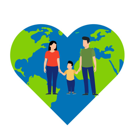Family in the heart of the world. Vector illustration in flat styleのイラスト素材