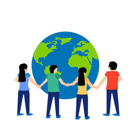 People holding hands around the world vector illustration. Teamwork concept.のイラスト素材