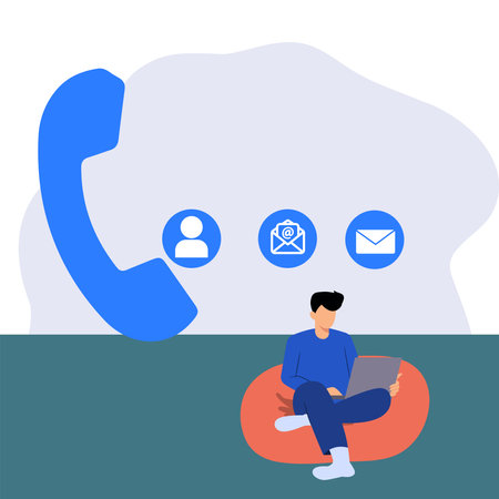 Flat design vector illustration concept of telemarketing, customer support, hotline and call center. Man with laptop sitting on beanbag chair and talking on phone.のイラスト素材
