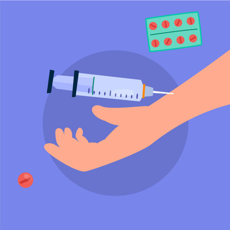 Hand with syringe and pills. Vector illustration in flat style.のイラスト素材