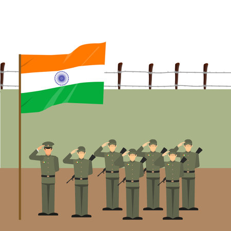 Soldiers with flag of India. Vector illustration in flat style.のイラスト素材