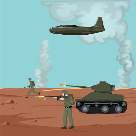 War Concept Illustration Featuring a Tank and an Airplane in the Backgroundのイラスト素材