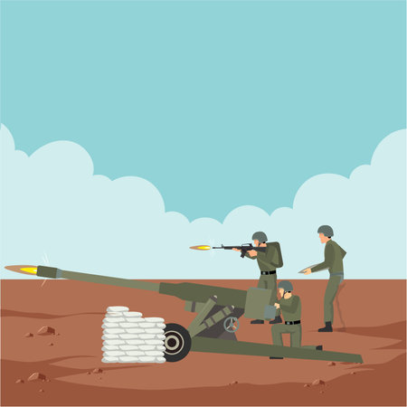 Soldiers with a machine gun on the battlefield. Vector illustration.のイラスト素材