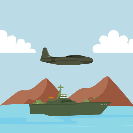 Military ship in the sea. Vector illustration in flat cartoon style.のイラスト素材
