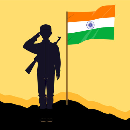 Soldier with a rifle saluting the flag of India. Vector illustration
