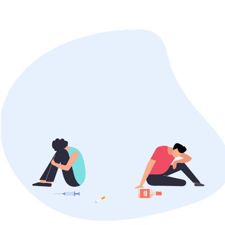 Man and woman are sitting on the floor using drugs and alcohol. Vector illustration in flat styleのイラスト素材