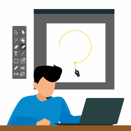 Man working on laptop in office. Work from home concept. Vector illustrationのイラスト素材