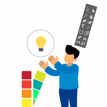 Illustration of a man assembling a tower of colorful blocks with a light bulb