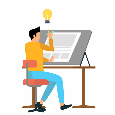 Vector illustration of a young man sitting at a table thinking and drawing. Flat style.のイラスト素材