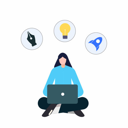 Flat design vector illustration concept of creative thinking. Woman sitting with laptop, lamp, bulb and business icons.のイラスト素材