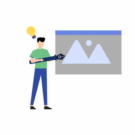 Man with a pen and a picture. Flat style vector illustration.