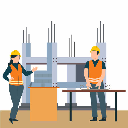 Carpenter and worker at construction site. Vector illustration in flat styleのイラスト素材