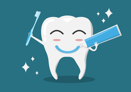 Vector cartoon tooth squeezed toothpaste and hold toothbrush. toothpaste smile meaning healthy teeth and whitening.のイラスト素材