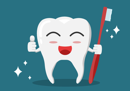 Whitening teeth hold red brush and thumbs up whit shining effect.のイラスト素材