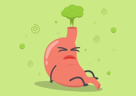 vector cartoon stomach filled with gas the cause of flatulence and stomachache with green boubles effect background.のイラスト素材