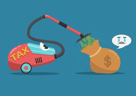 Vector flat cartoon vacuum cleaner sucking money out of the bag.It is represented by the tax payer.のイラスト素材