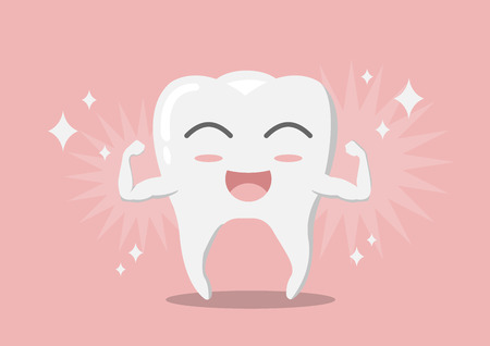 Cartoon whitening tooth muscle strain for show solidity tooth with shining effect and the happy face.のイラスト素材