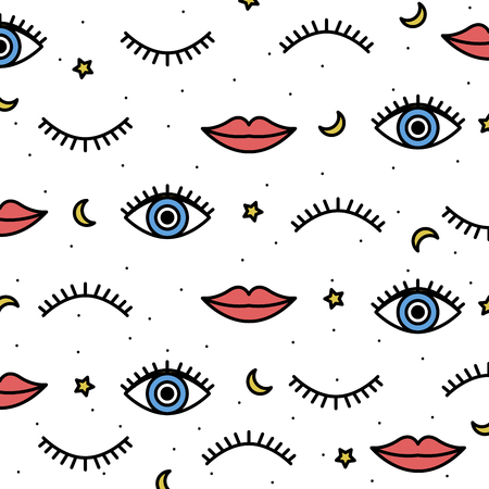 Seamless pattern in the style of psychedelic eyes with his lips. Pattern for fashion with eyes. The template for the cover fabric, books. Modern design for the fabric.のイラスト素材